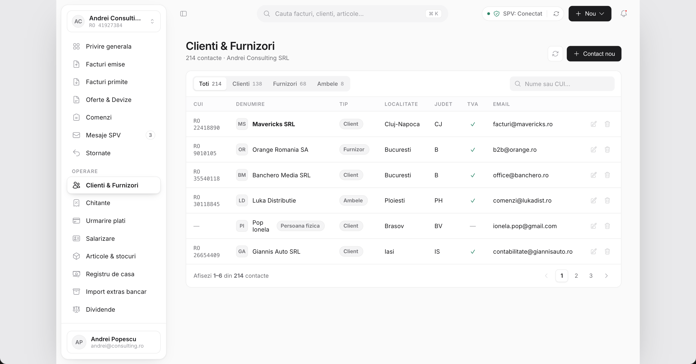 Clarito contacts and partners screen