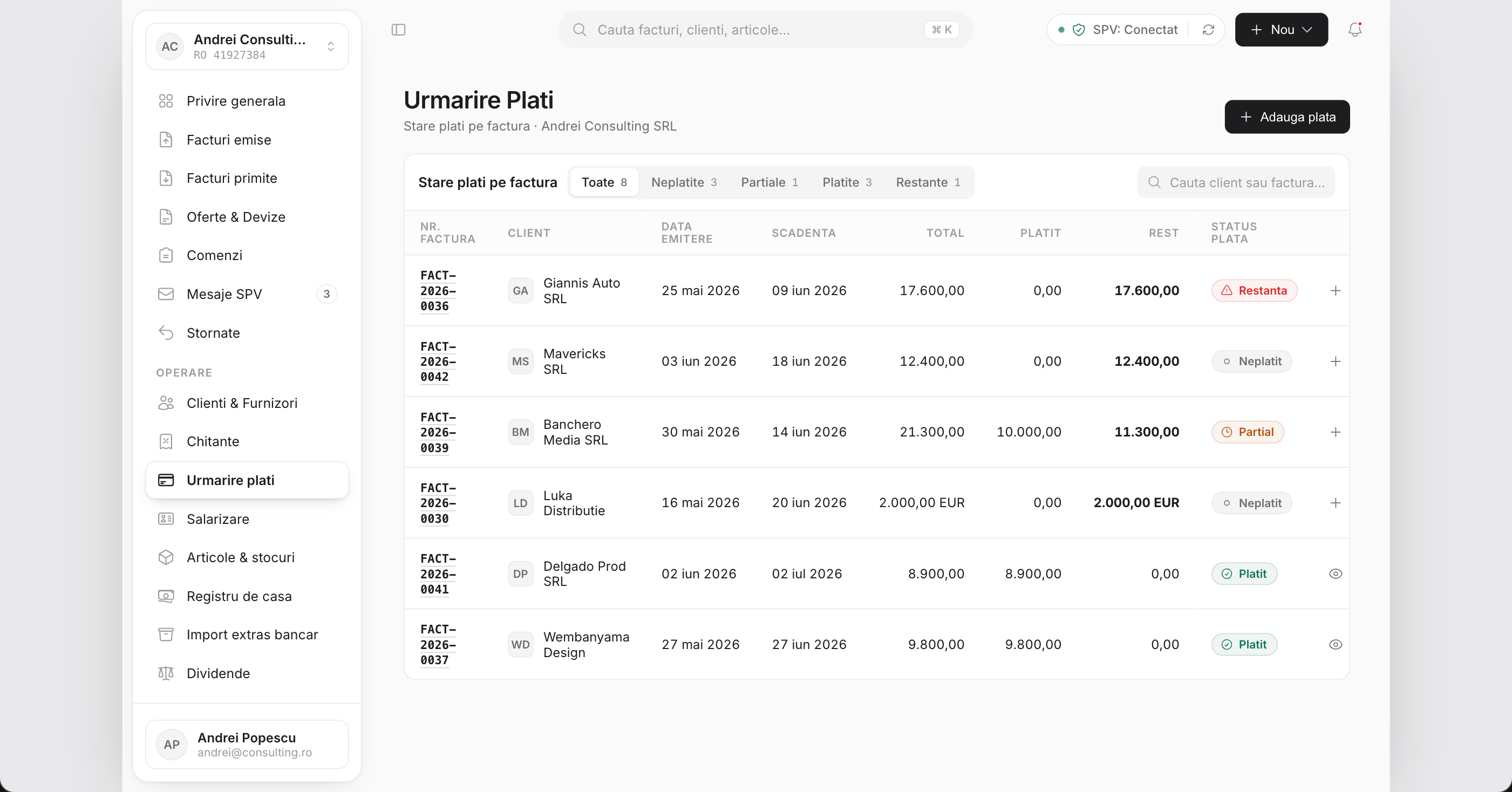Clarito receipts and payments screen